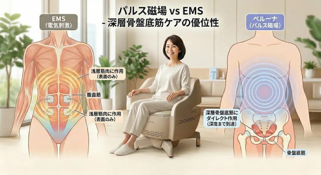 ペルーナのパルス磁場とEMSの作用メカニズム比較図。ペルーナが深層の骨盤底筋にダイレクトに作用するのに対し、EMSが表面の筋肉に作用する違いを解説