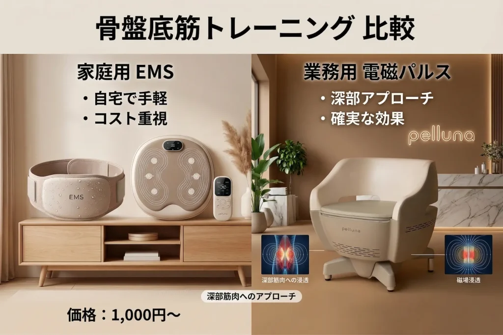 骨盤底筋トレーニングマシンの比較画像。左側に手軽な家庭用EMS機器、右側に深部へアプローチする業務用電磁パルスマシンのペルーナ(pelluna)を配置したアイキャッチ