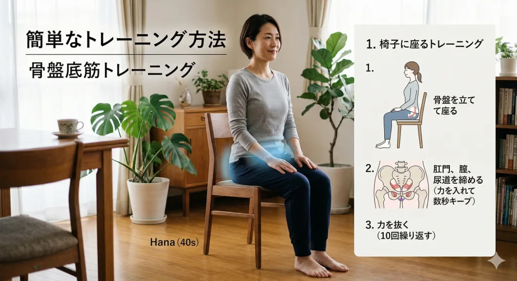 椅子に座って行う簡単な骨盤底筋トレーニングのやり方を解説するインフォグラフィック。40代女性が実演する実写と、骨盤を立てる姿勢や骨盤底筋を締める場所を解説するイラスト・図解が掲載されている。3つのステップ（1. 骨盤を立てて座る、2. 肛門・膣・尿道を締めてキープ、3. 力を抜くを10回繰り返す）の手順が示されている。