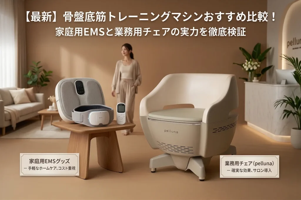 【最新】骨盤底筋トレーニングマシンの比較画像。左に家庭用EMS機器、右に業務用チェアのペルーナ(pelluna)を配置したアイキャッチ