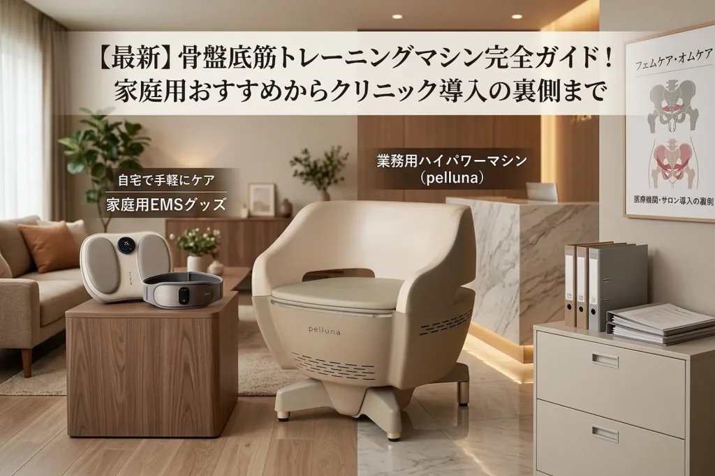 【最新】骨盤底筋トレーニングマシン完全ガイドのアイキャッチ画像。左側には自宅の空間に置かれた手軽な家庭用EMSグッズ、右側にはクリニックやサロンに導入されている業務用ハイパワーマシンのペルーナ（pelluna）を配置し、ホームケアと本格的な業務用機器を対比して表現しています