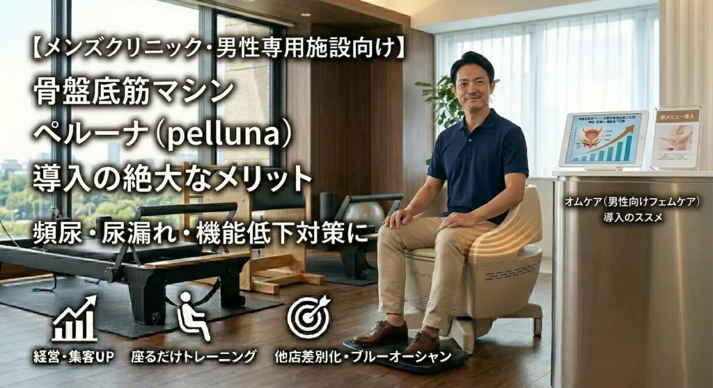 メンズクリニックや男性専用施設向けに、骨盤底筋マシン「pelluna（ペルーナ）」を導入する絶大なメリット（頻尿・機能低下対策、経営・集客UP）を示すアイキャッチ画像。座るだけでオムケアができるマシンを利用する男性の様子。