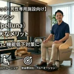 メンズクリニックや男性専用施設向けに、骨盤底筋マシン「pelluna（ペルーナ）」を導入する絶大なメリット（頻尿・機能低下対策、経営・集客UP）を示すアイキャッチ画像。座るだけでオムケアができるマシンを利用する男性の様子。