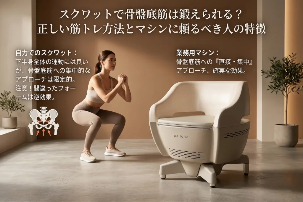 スクワットと骨盤底筋マシンの比較画像。左側にスクワットをする女性と骨盤のイラスト、右側に業務用チェアのペルーナ（pelluna）を配置し、それぞれの特徴を解説したアイキャッチ