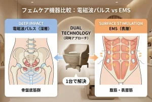 フェムケア機器ペルーナの機能比較図解：深層（骨盤底筋）に届く電磁波パルスと、表層筋を刺激するEMSの違い。1台で両方の筋肉にアプローチできる仕組み