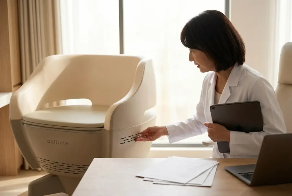 婦人科クリニックの院長室でタブレット端末を使ってペルーナ導入後の収益シミュレーションデータを確認する日本人女性医師と、横に設置された骨盤底筋トレーニングマシン「ペルーナ」