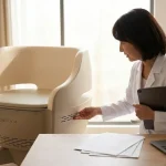 婦人科クリニックの院長室でタブレット端末を使ってペルーナ導入後の収益シミュレーションデータを確認する日本人女性医師と、横に設置された骨盤底筋トレーニングマシン「ペルーナ」