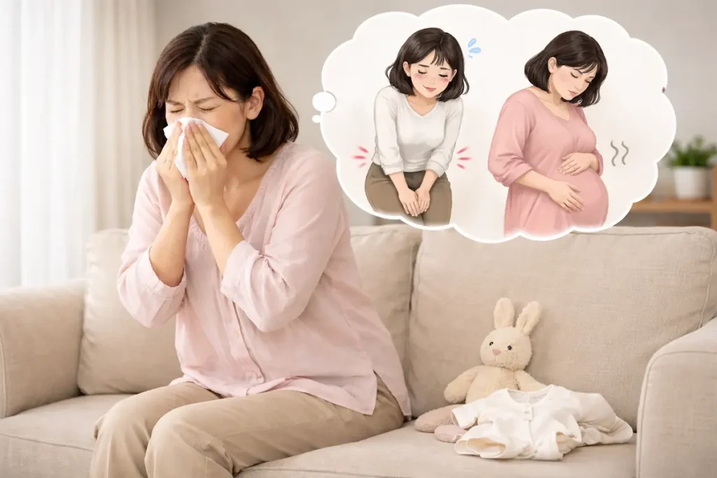 くしゃみをしながら妊娠初期症状に不安を感じる30代女性のイメージ