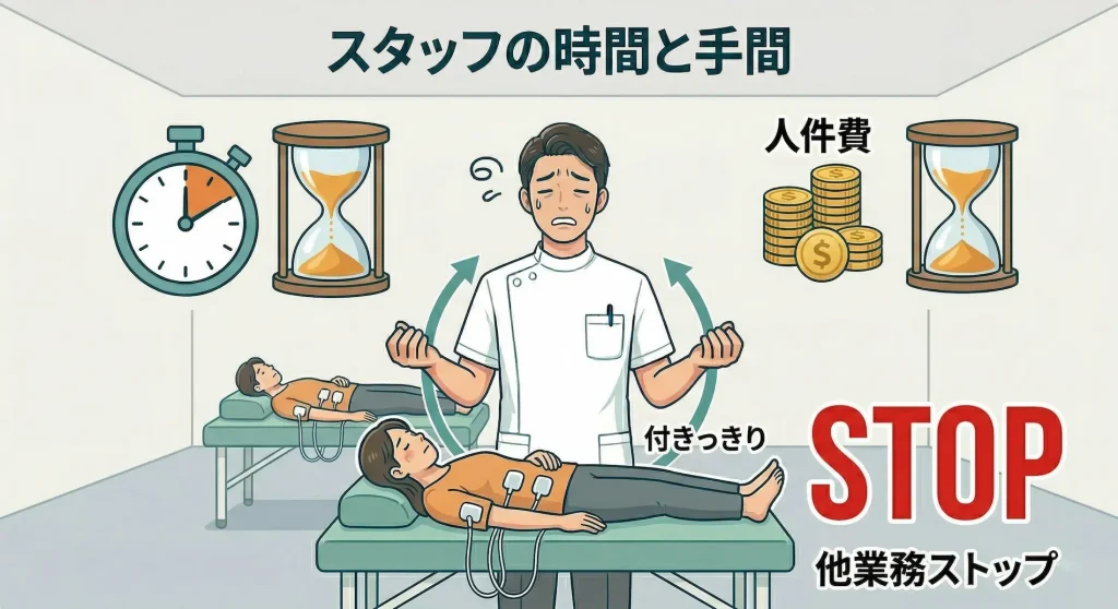 整骨院におけるパッド式EMSの課題「スタッフの時間と手間」を表した図解。患者につきっきりになることで生じる人件費の負担と、他の業務がストップしてしまう状況を描いています。