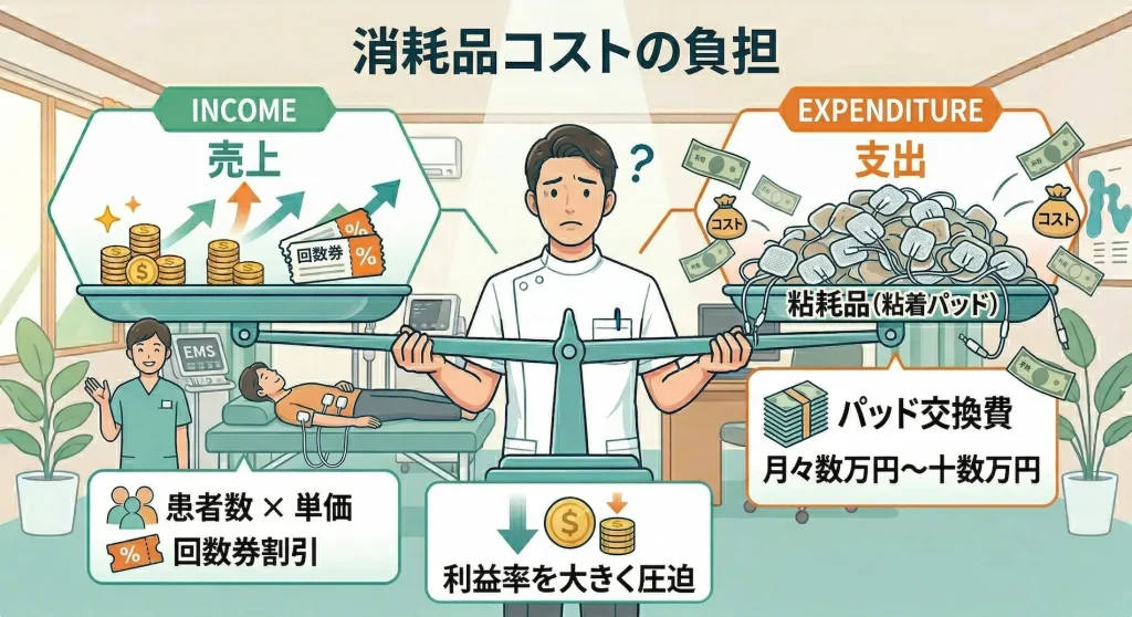 接骨院の経営において、売上に対する消耗品（EMS用粘着パッドなど）のコスト負担と、それが利益率を圧迫している状況を描いたインフォグラフィックイラスト。タイトルは『消耗品コストの負担』で、天秤を用いて売上と支出のバランスを表現している。